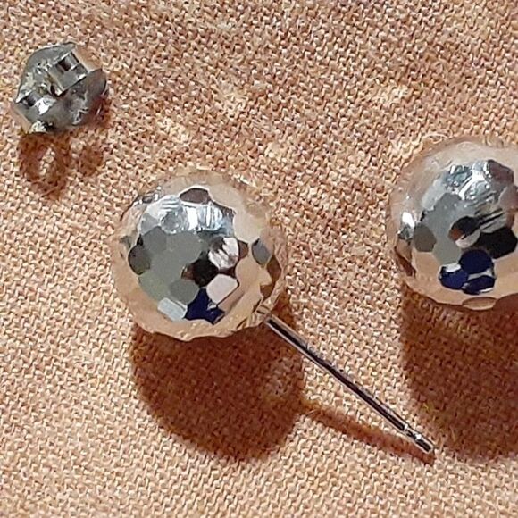 Gold earrings 14k solid white gold stud earrings sphere faceted Disco ball round - Picture 5 of 9